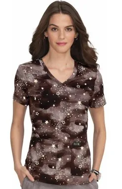 Koi Clearance Women's Leslie Camo Starlette Taupe Print Scrub Top