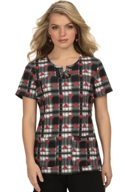 Koi Clearance Women's Clover Heart Plaid Print Scrub Top
