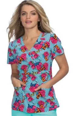 Koi Clearance Women's Calla Mock Wrap Polka Floral Print Scrub Top